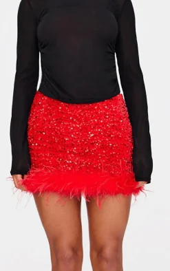 Red Premium Velvet Sequin Feather Hem Mini Skirt