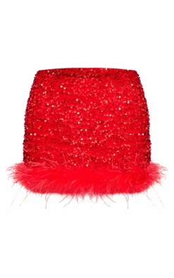 Red Premium Velvet Sequin Feather Hem Mini Skirt