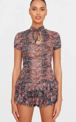 Red Print Keyhole Tie Front Rara Skort Romper