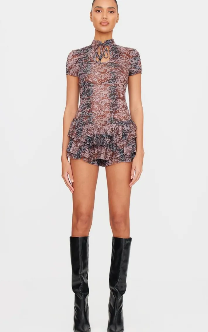 Red Print Keyhole Tie Front Rara Skort Romper