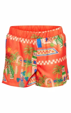 Red Print Structured Linen Look Drawstring Shorts