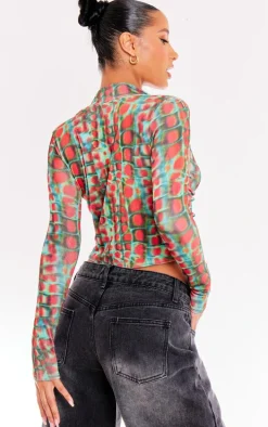 Red Printed Acetate Slinky Ruched Front Shirt