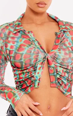 Red Printed Acetate Slinky Ruched Front Shirt