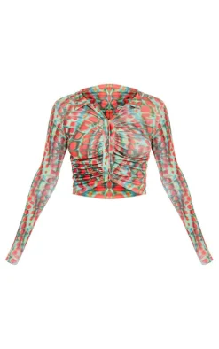 Red Printed Acetate Slinky Ruched Front Shirt