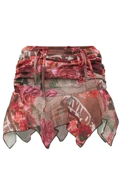 Red Printed Chiffon Hankerchief Hem Mini Skirt