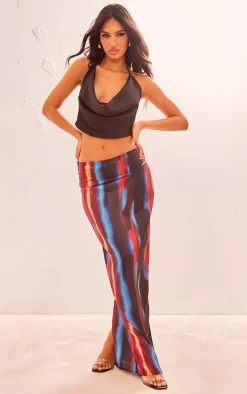 Red Printed Satin Low Rise Maxi Skirt