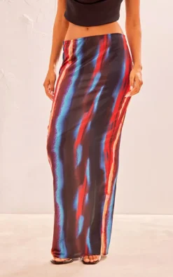 Red Printed Satin Low Rise Maxi Skirt