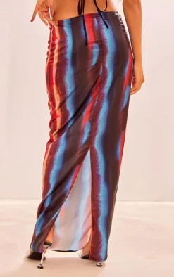 Red Printed Satin Low Rise Maxi Skirt