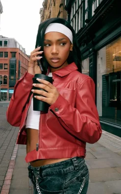 Red PU Pocket Detail Casual Jacket