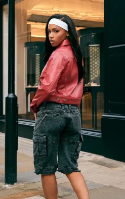 Red PU Pocket Detail Casual Jacket