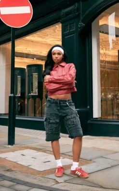 Red PU Pocket Detail Casual Jacket