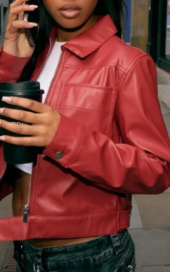 Red PU Pocket Detail Casual Jacket
