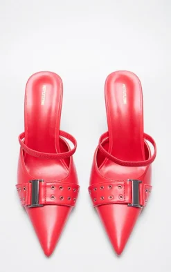 Red Pu Point Toe Buckle Detail Mid Heeled Courts
