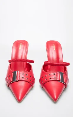 Red Pu Point Toe Buckle Detail Mid Heeled Courts