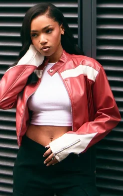 Red PU Racer Neck Pleated Detail Jacket