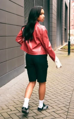 Red PU Racer Neck Pleated Detail Jacket