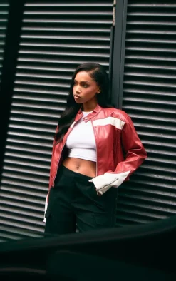 Red PU Racer Neck Pleated Detail Jacket