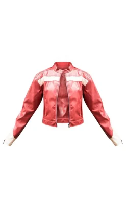 Red PU Racer Neck Pleated Detail Jacket