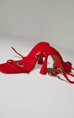 Red Pu Round Toe Silver Buckle Cross Strap Detail High Stiletto Heeled Sandals