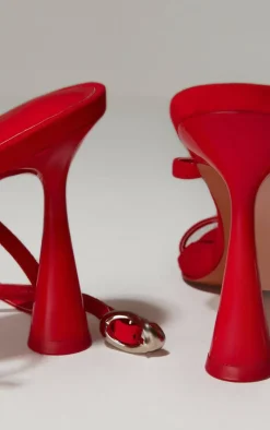 Red Pu Round Toe Silver Buckle Cross Strap Detail High Stiletto Heeled Sandals