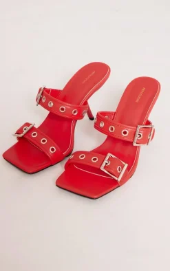 Red Pu Square Toe Double Buckle Mid Heeled Mules