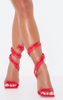 Red PU Square Toe Lace Trim Spiral Strap Heeled Sandals