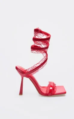 Red PU Square Toe Lace Trim Spiral Strap Heeled Sandals