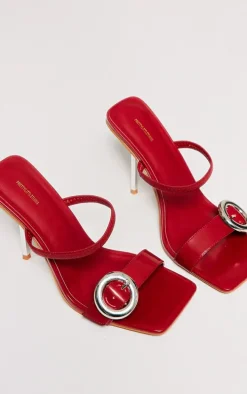 Red Pu Square Toe Round Buckle High Heeled Mules