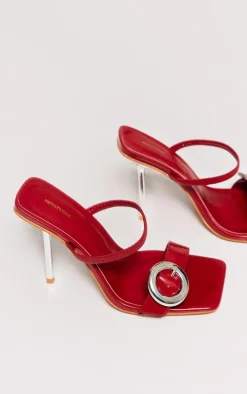 Red Pu Square Toe Round Buckle High Heeled Mules