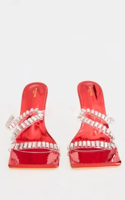 Red PU Wide Fit Metallic Square Toe Diamante Strap Heeled Mules