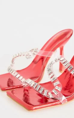Red PU Wide Fit Metallic Square Toe Diamante Strap Heeled Mules