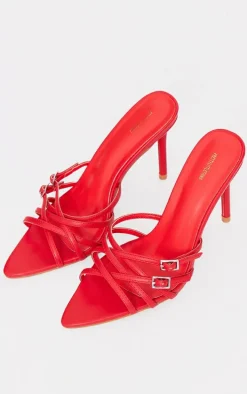 Red PU Wide Fit Point Toe Criss Cross Buckle Strap Heeled Mules