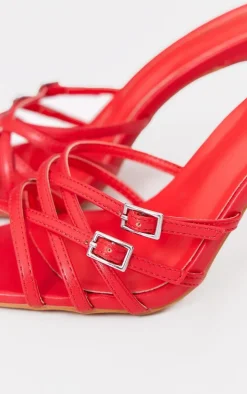 Red PU Wide Fit Point Toe Criss Cross Buckle Strap Heeled Mules