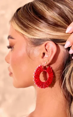 Red Raffia Beaded Hoop Earrings