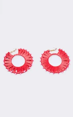 Red Raffia Beaded Hoop Earrings