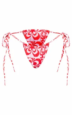 Red Retro Floral Tie Side Bikini Bottoms