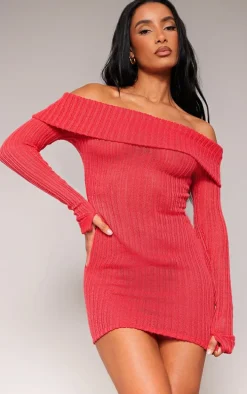 Red Rib Fold Over Bardot Bodycon Dress