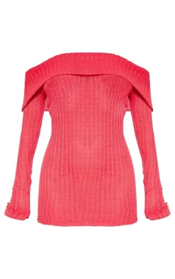 Red Rib Fold Over Bardot Bodycon Dress