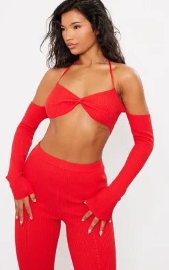 Red Rib Knit Bardot Tie Neck Top