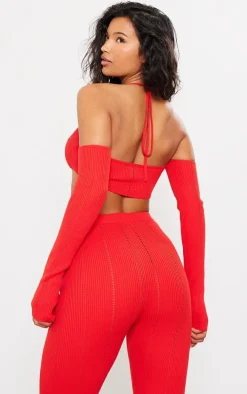 Red Rib Knit Bardot Tie Neck Top
