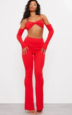 Red Rib Knit Bardot Tie Neck Top