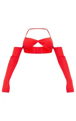 Red Rib Knit Bardot Tie Neck Top