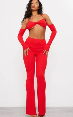 Red Rib Knit Flared Pants