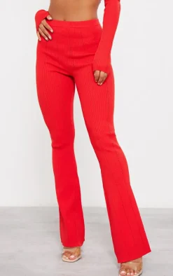 Red Rib Knit Flared Pants