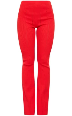 Red Rib Knit Flared Pants