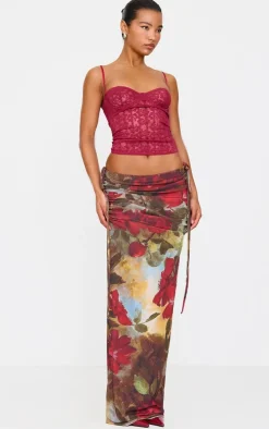 Red Rose Print Ruched Side Maxi Skirt