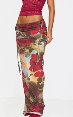 Red Rose Print Ruched Side Maxi Skirt