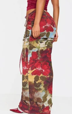 Red Rose Print Ruched Side Maxi Skirt