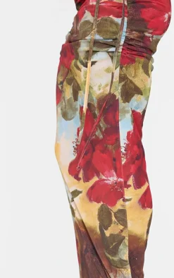 Red Rose Print Ruched Side Maxi Skirt