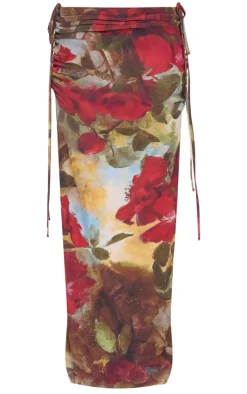 Red Rose Print Ruched Side Maxi Skirt